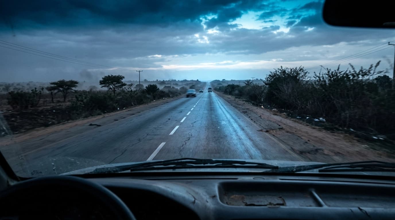 A Nigerian inter-city road corridor at dusk, seen from inside a SafePass-monitored vehicle