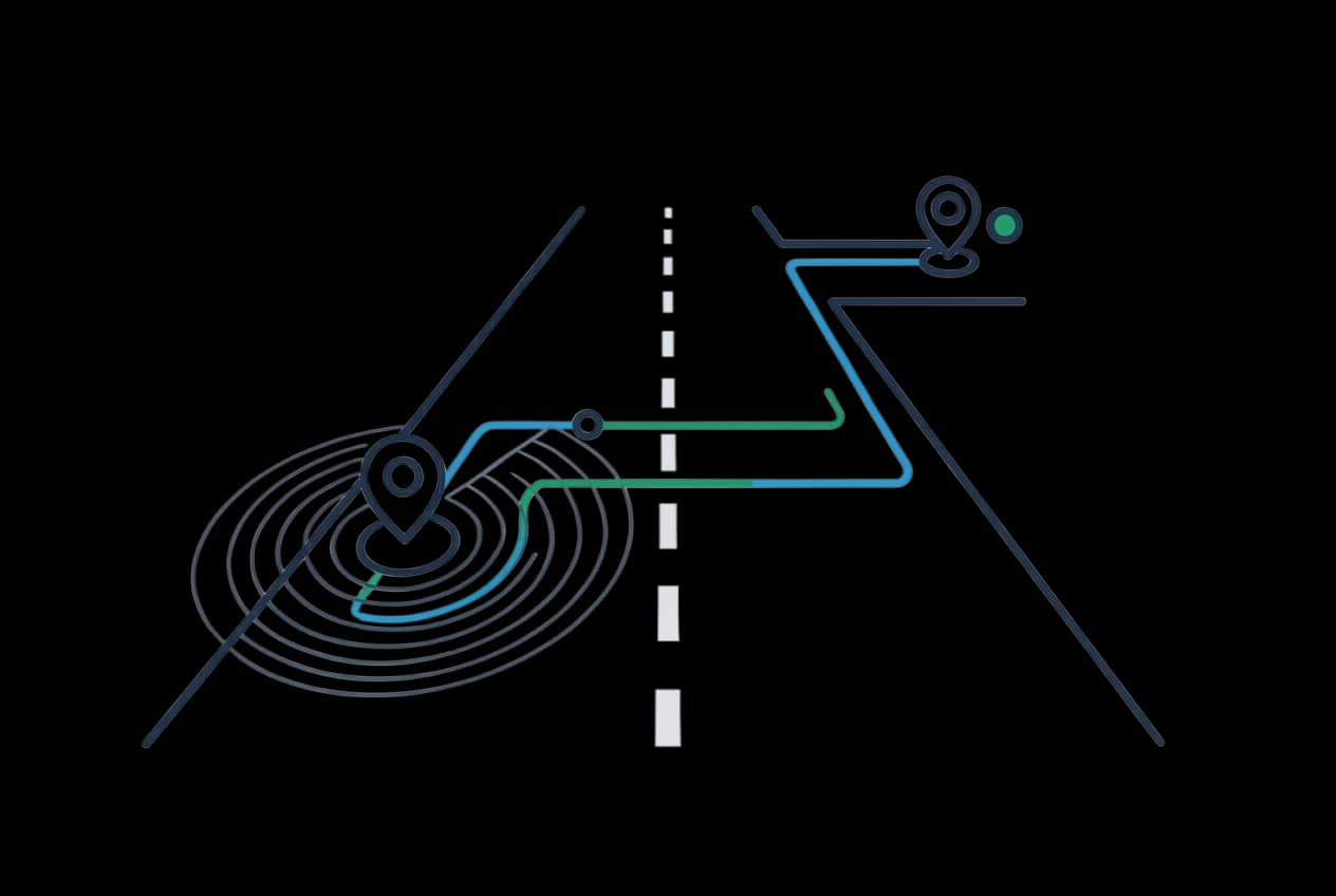 Illustration of a monitored journey: a route traced between checkpoints with a live verification scan