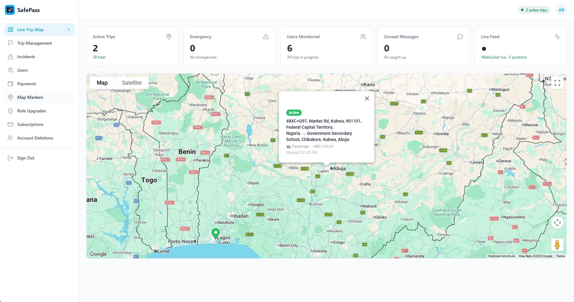 Preview of the SafePass corporate monitoring dashboard