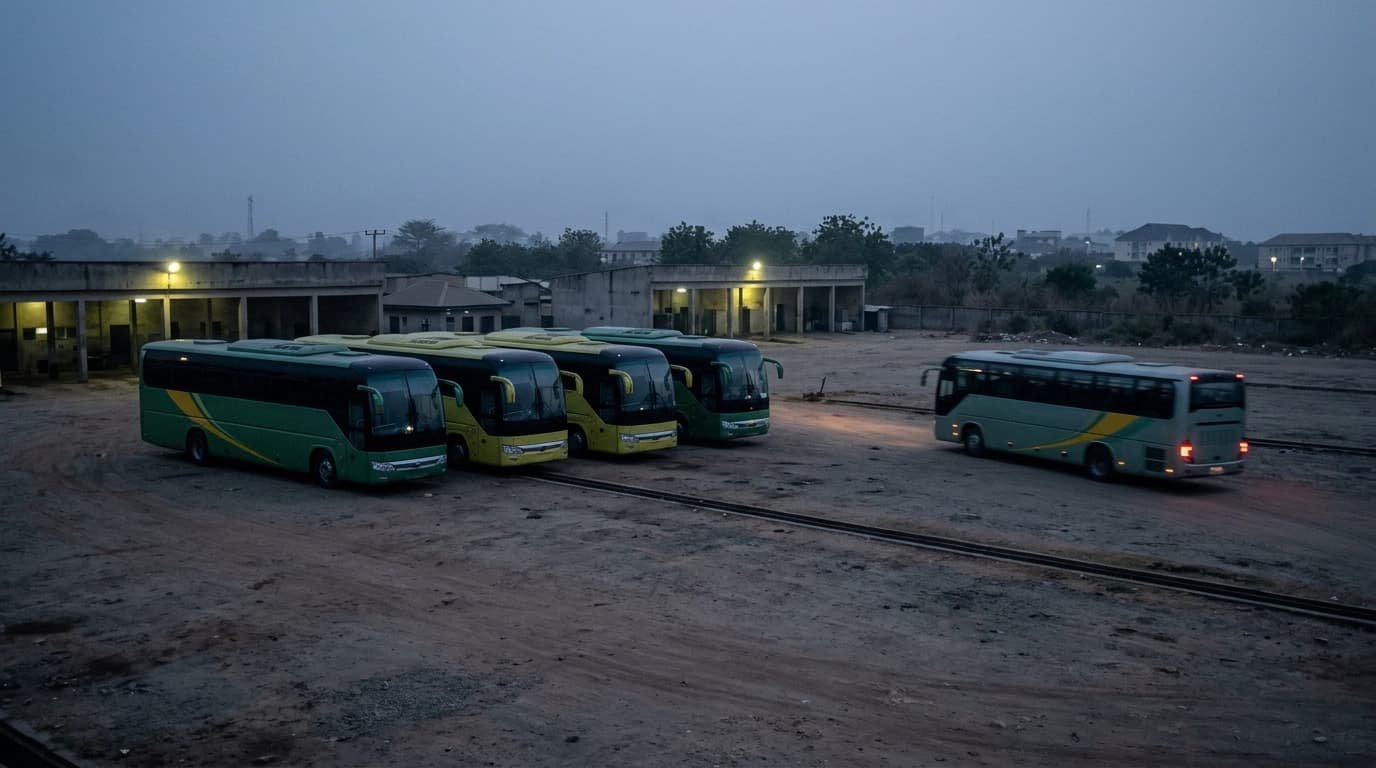 A SafePass-partnered passenger bus fleet at dusk